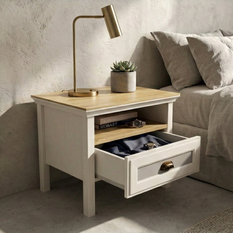 Table de chevet avec tiroir et tablette de rangement ouverte en MDF