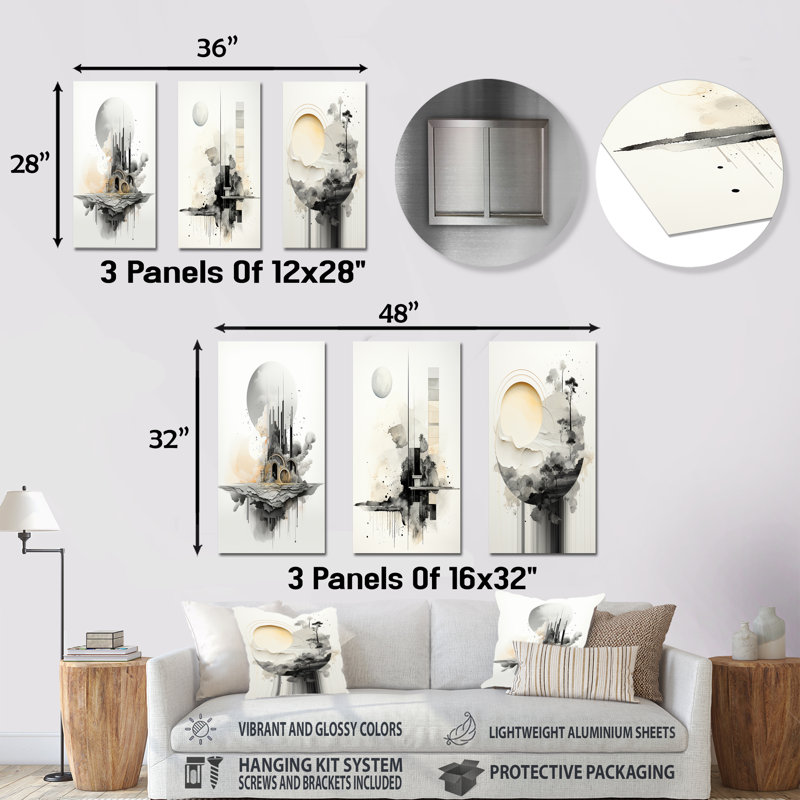 Ensemble de salon mural en métal monochrome Mirage Lansdcape II - paysages abstraits, H 28 po x l 36 po
