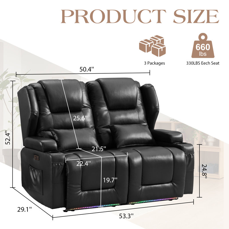 Power Recliner Sofa Home Theater Seating With Led Ambient Lighting, Cup Holders, Side Pockets, Black