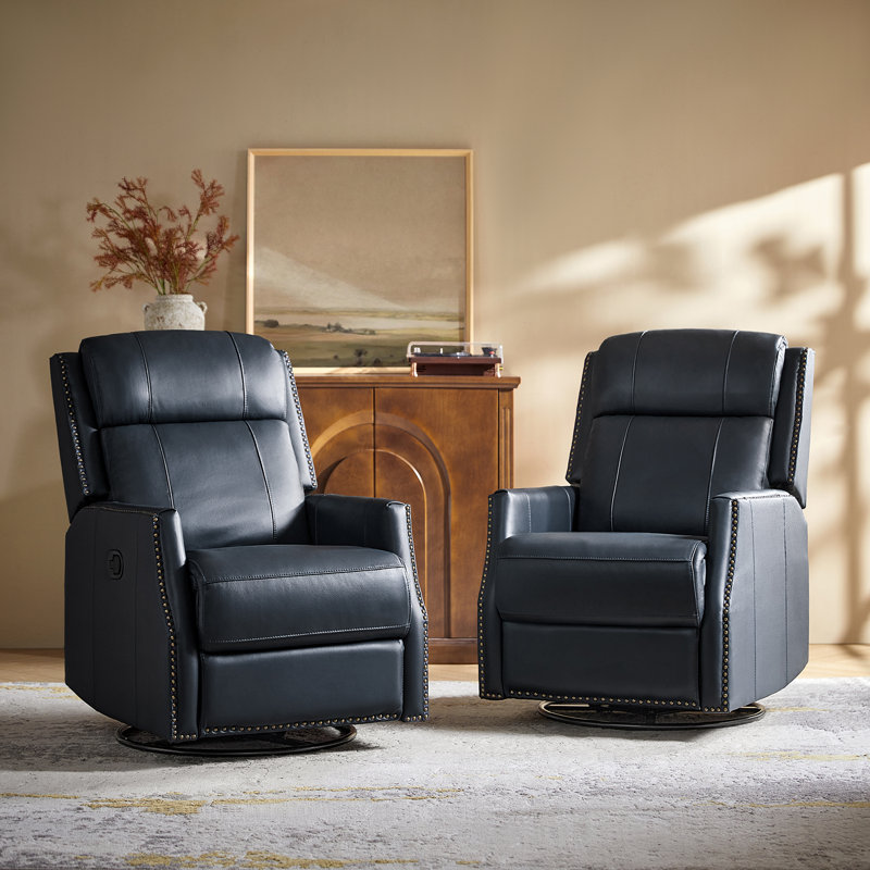 Fauteuil inclinable pivotant en cuir véritable Bronaich (ensemble de 2), Bleu marine