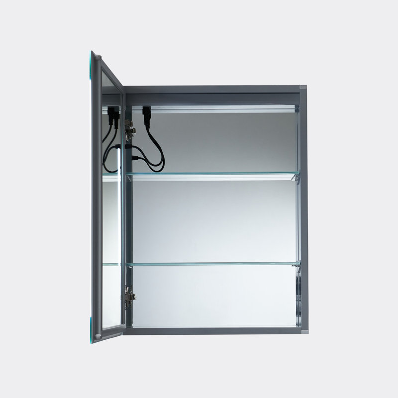 Armoire à pharmacie avec lumières DEL Rigel | Armoire de salle de bain encastrée ou à surface | Désembueur intégré One Touch | Gradateur | Miroir de maquillage | 2 tablettes réglables en verre