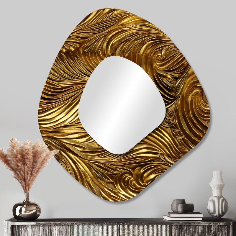 Burriss Golden feathers serenity III - Feathers Unique Shape Large Mirror, Modern Asymmetrical Decorative Wall Mirror, Printed Metal Art