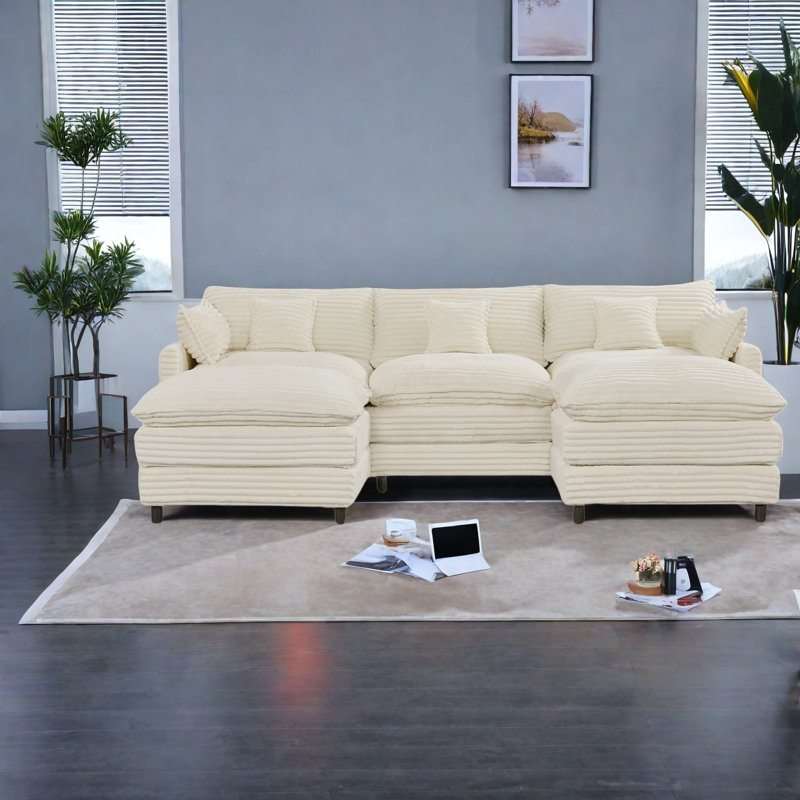 Multifunctional Corduroy Sofas, U-shaped Spacious Design With Storage Console For Home