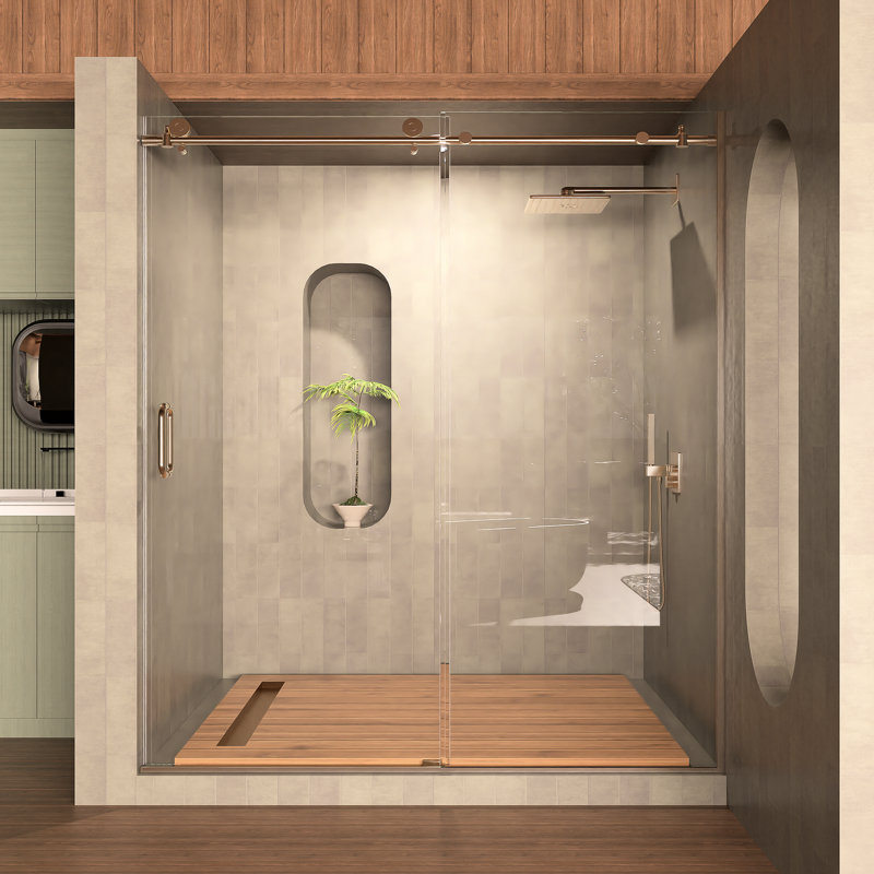 58 - 60 po L 76 po, porte de douche en alcôve coulissante, verre trempé 5/16 po, nickel brossé, couloir sans coupure pour salle de bain Build 58-60, passage 24-26