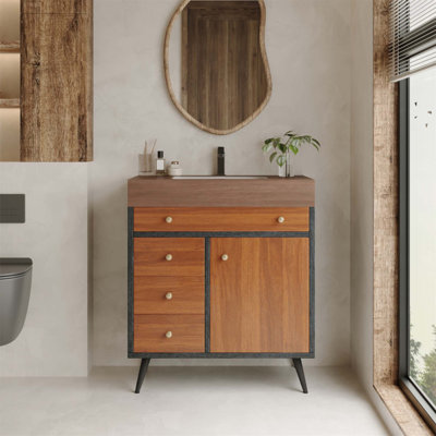 Mid-Century Modern Free-Standing Bathroom Vanity With Ceramic Sink & Sintered Stone Top, Durable And Stylish For Any Bathroom