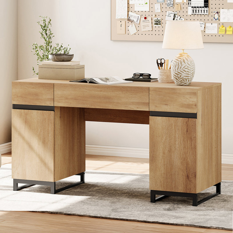  Office Furniture Set: 59" Executive Desk With Charging Station And Storage Cabinet, Four 72" Tall Bookcases, Modern Computer Desk And Library Shelf For Work Study