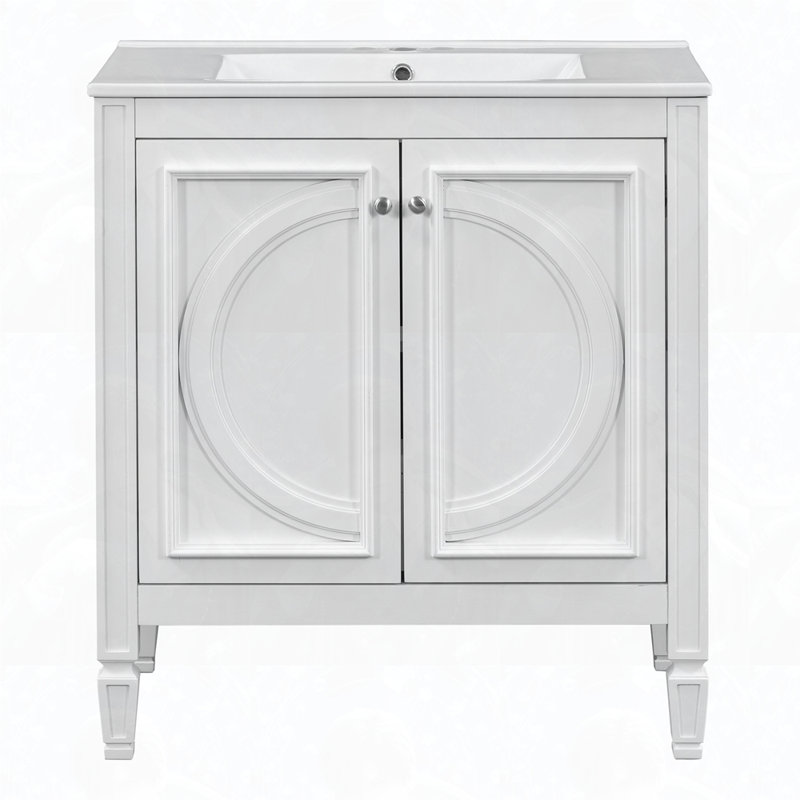 Meuble-lavabo de style rétro avec lavabo, deux portes et tablette, Blanc
