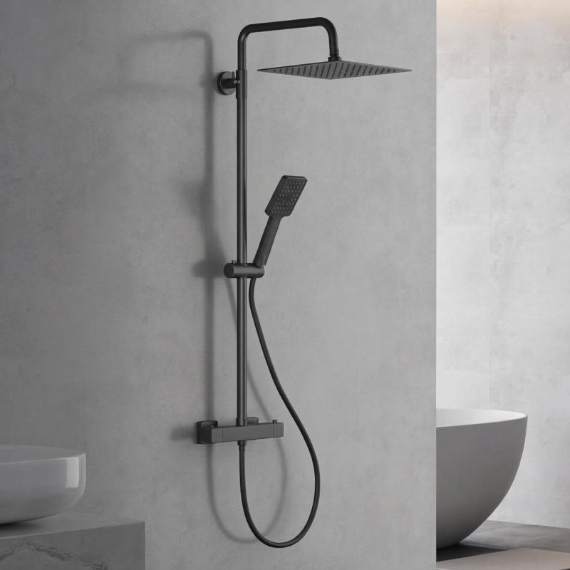 38°C Safety Lock - Thermostatic Shower Mixer Set - 25cm Matte Black Square Rain Overhead, 3-Spray Handheld, Adjustable Rail, Stainless 304, Easy Install, Water Saving
