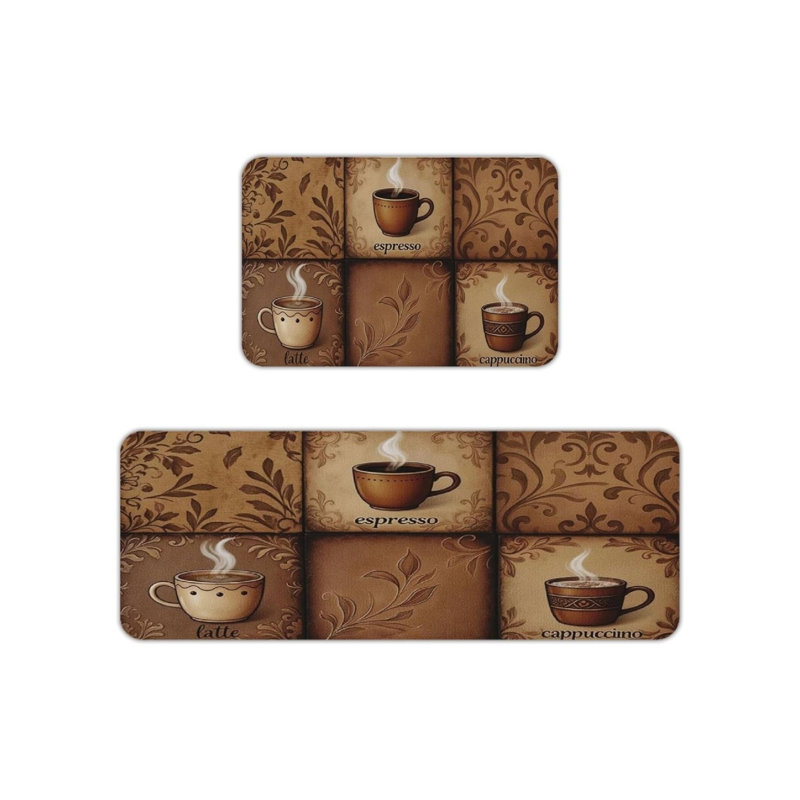 Ensemble de 2 tapis de cuisine rétro à motif de carreaux de café brun et beige