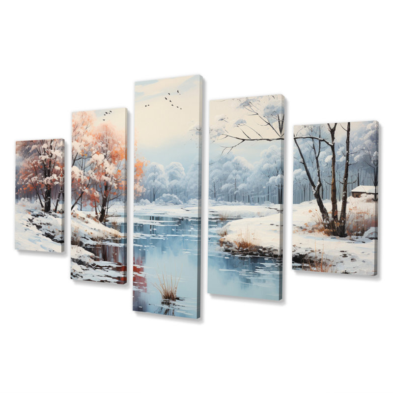Paysage d'hiver, reflet glacé - Paysages, art mural, salon - 5 panneaux