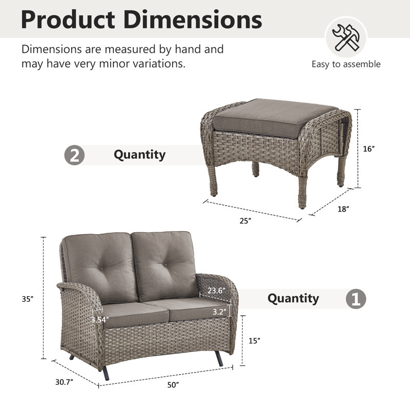 Causeuse de terrasse extérieure en osier de 50 po de large avec repose-pieds, Gris, Gris
