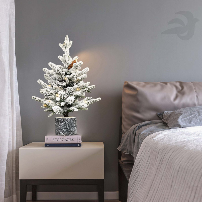 Arbre de Noël illuminé 2 pi avec base en pot, 30 lumières DEL blanc chaud, 189 branches en PE + PVC, 3 pommes de pin, petit plateau de table / entrée / décoration intérieure