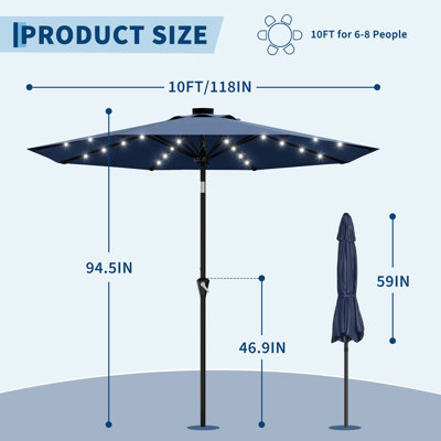 Parasol de patio 10 pi à DEL avec inclinaison à 180 ° et lumières solaires intégrées en polyester imperméable à la manivelle
