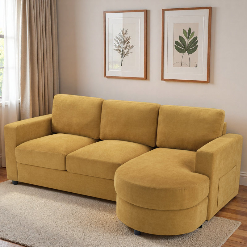 Modern L-shaped Sectional Sofa With Curved Chaise Lounge, Usb Ports And Side Storage Pockets, Yellow Chenille