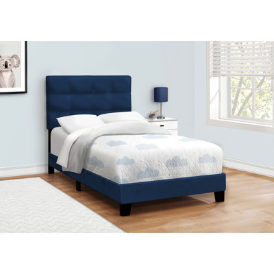 Blue Velvet Twin Bed, Transitional Style For Youth Bedroom Interiors Bed With Upholstered Frame