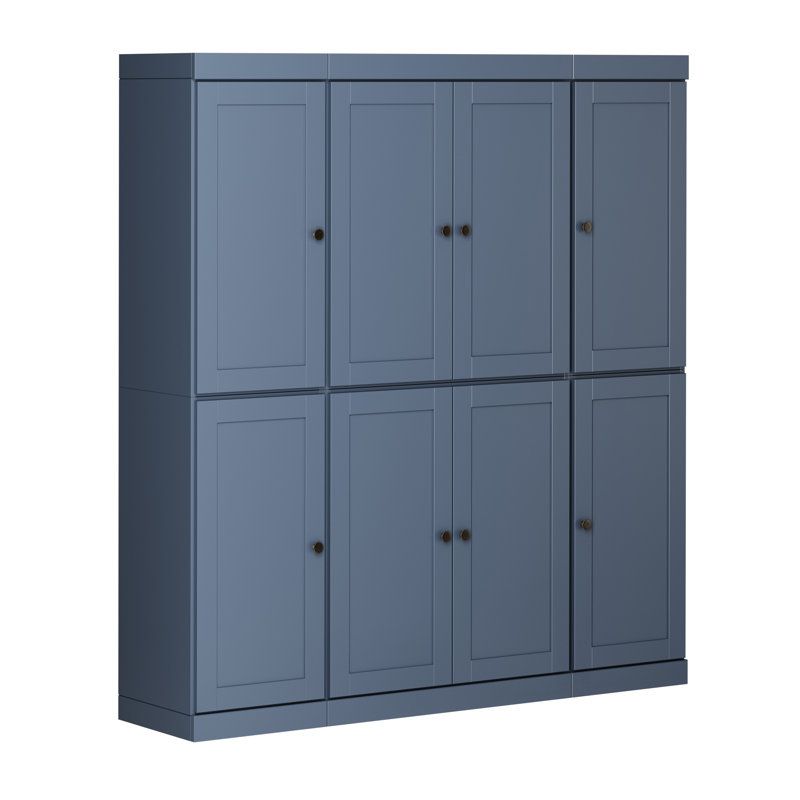 Garde-manger 100% en bois massif 65 po avec portes Shaker, 2 tiroirs et tablettes réglables, Bleu antique