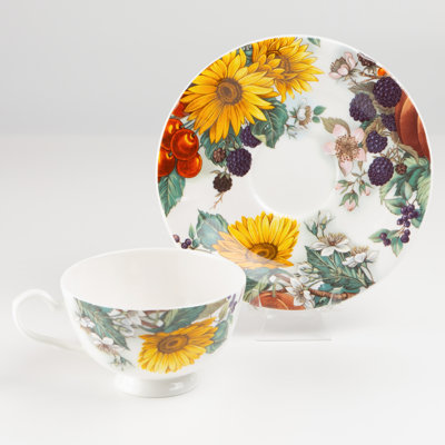 Bone China Sunflower Harvest Teacups and Saucers, Set of 2