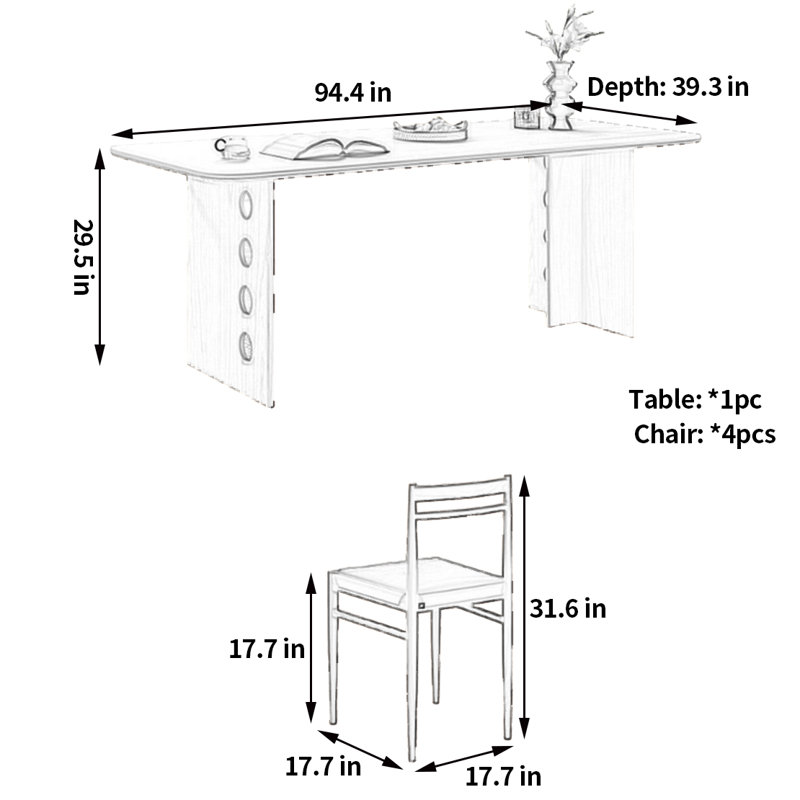 Table de salle à manger et chaise Classic Vintage, H 29,5 po x L 94,4 po x l 39,3 po
