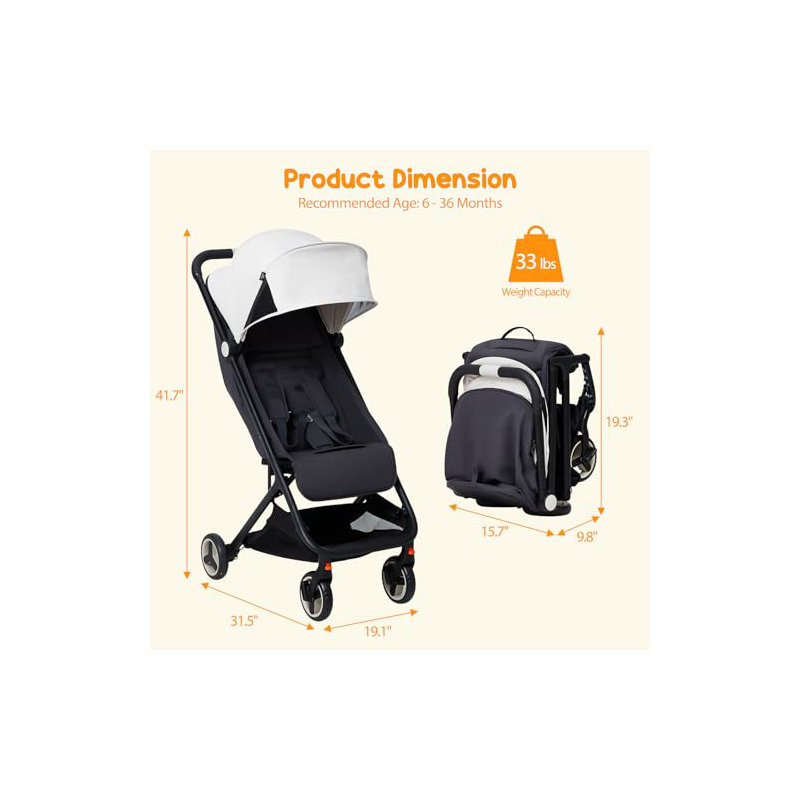 Lightweight Stroller, Compact One Hand Fold Travel Stroller for Airplane Friendly, Reclining Seat and Canopy, Smooth Suspension