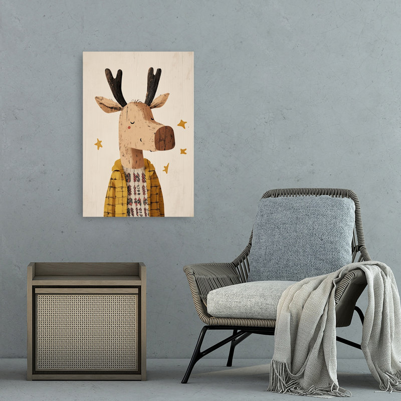 Cozy Winter Moose Abstract Contemporary Deer Forest Landscape Wall Art Print 1 Piece Wrapped Canvas Wall Art