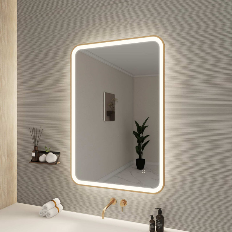 40 Inch Rectangle LED Front and Backlit Wall Mirror in Satin Gold, Satin Gold, 40" x 27"