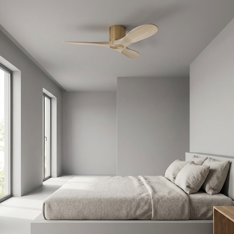 Maverick Smart Hugger Ceiling Fan, Washed White Oak, 44" Wide, Burnished Brass