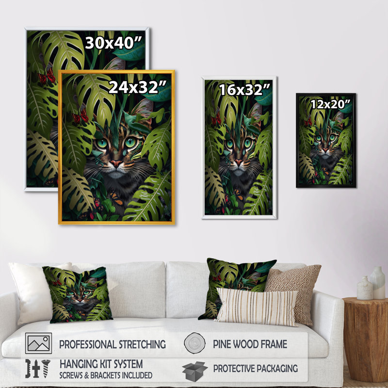 Mignon chat avec papillon dans les buissons de la jungle V - animaux, art mural sur toile, L 24 po x H 32 po