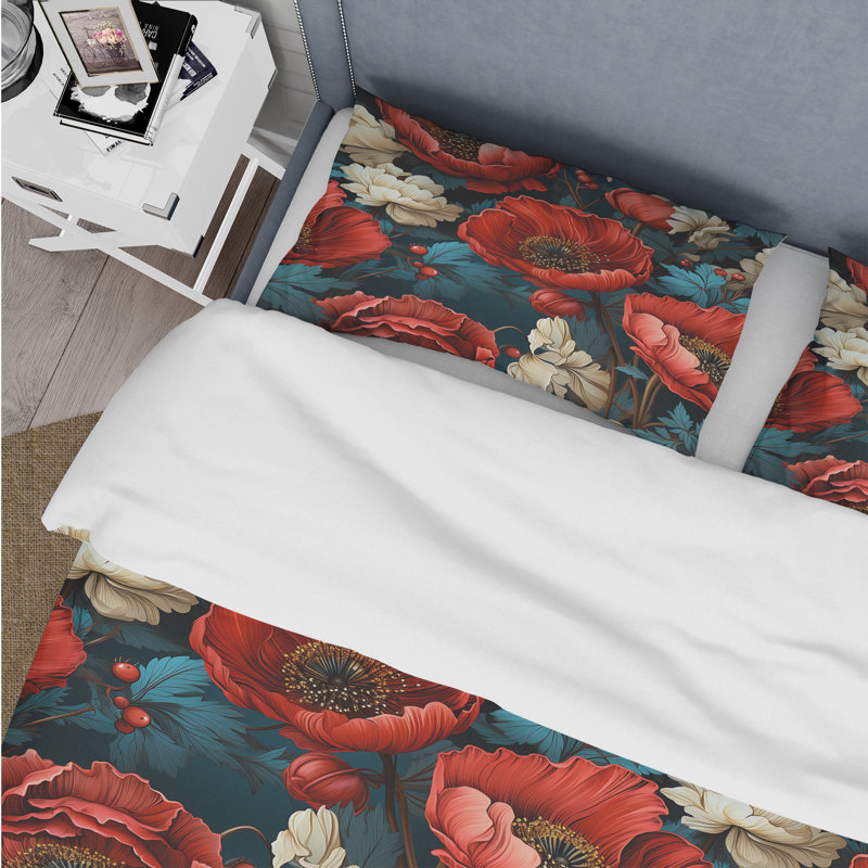Literie bleue et rouge à motif de coquelicots IV, Housse de couette pour très grand lit et 2 très