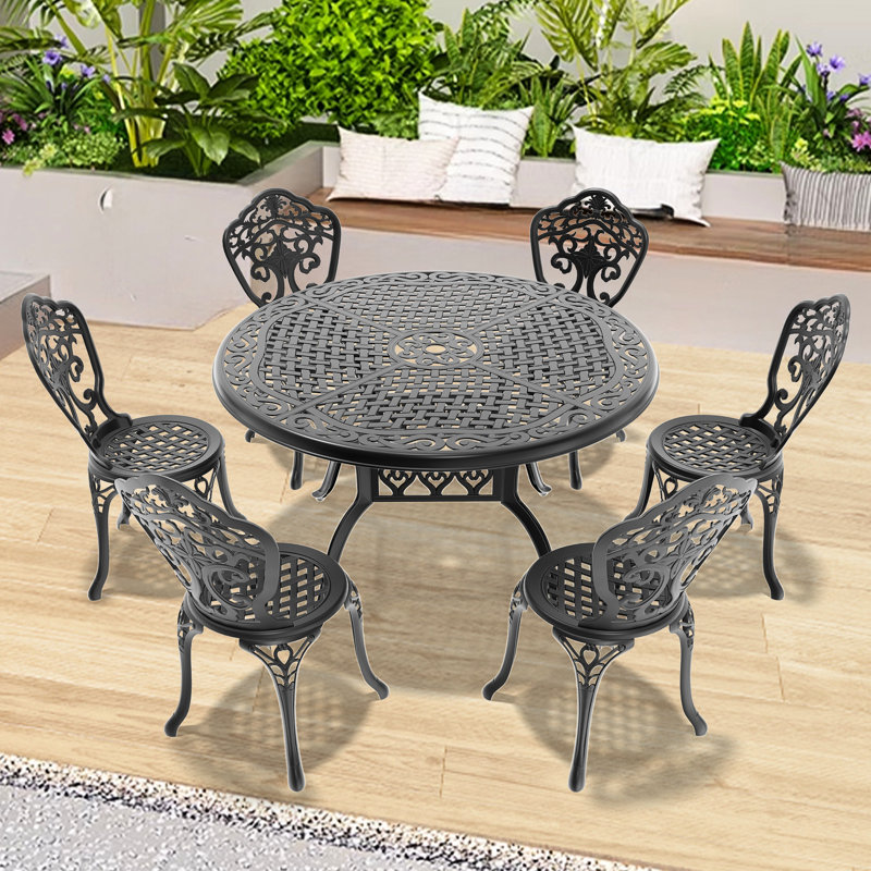 7 Aluminum Outdoor Dining With Black Finish Furniture Frame And Fatigue-Relieving Design, 7 Pieces: Table, 6 Chairs