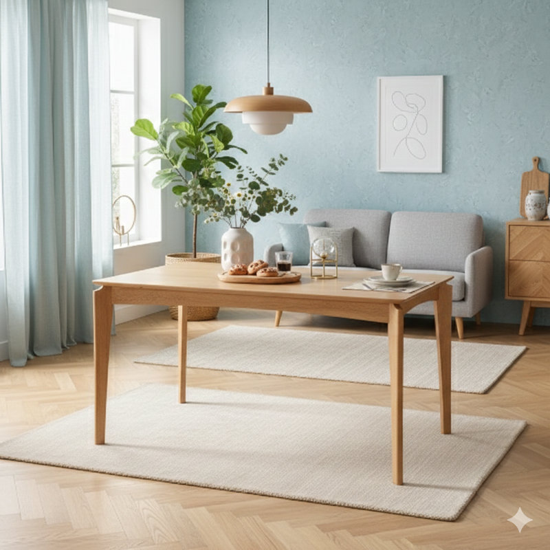 Table de salle à manger, fabriquée en bois d'hévéa avec placage de noyer, design Mid-Century, finition chêne naturel