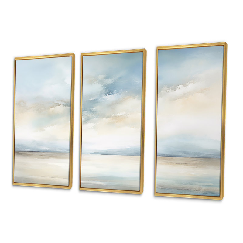 Minimalisme, ciel nuageux paysage IV - ensemble d'art sur toile ciel, Cadre flottant doré, H 40 po x l 60 po x P 1 po