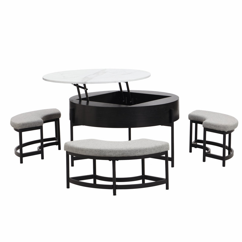 Functional and Stylish Modern Round Lift-Top Coffee Table Set with Three Ottomans for Enhanced Living Space Utility, Black