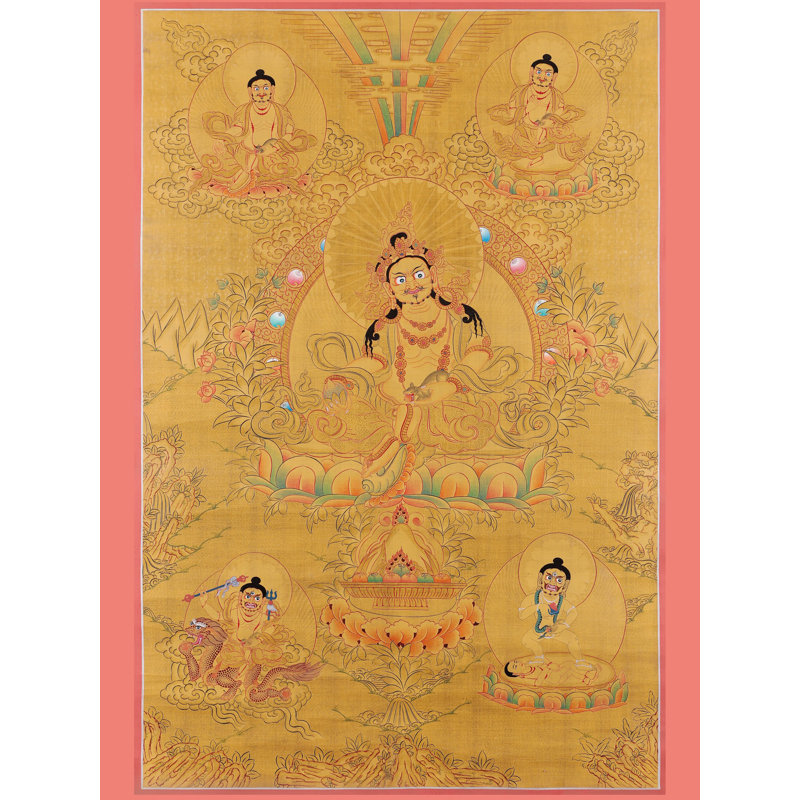 Art mural tibétain peint à la main Thangka de H 30,3 po x l 20,1 po Kubera avec véritable feuille d'or 24 carats