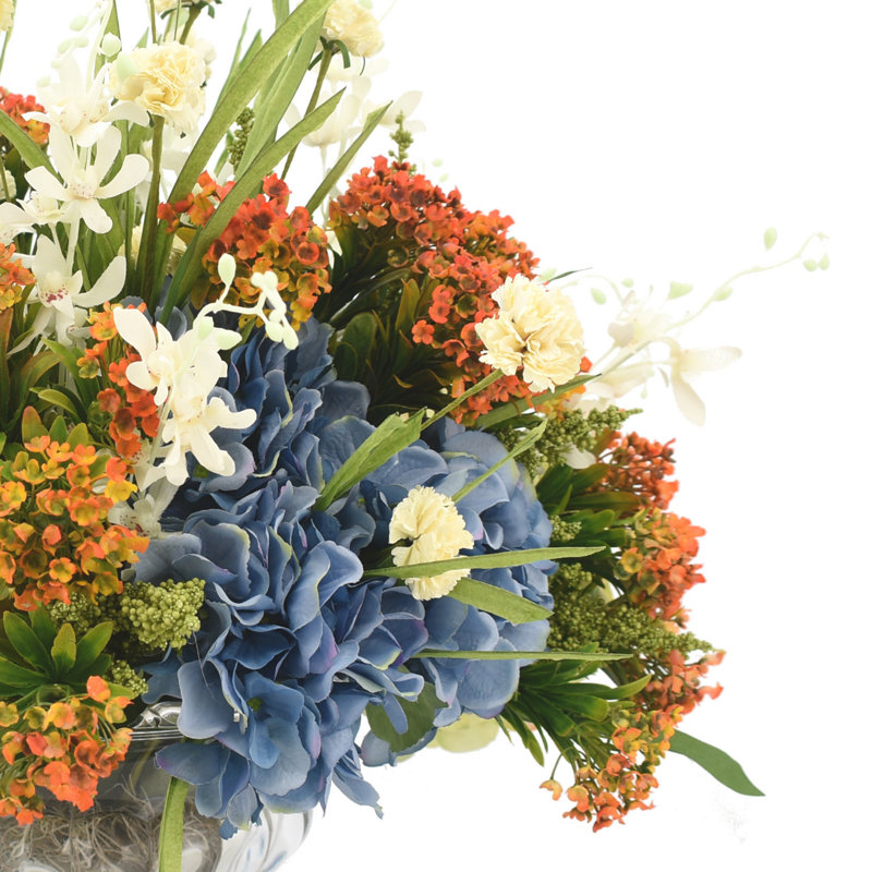 Hydrangea, Carnation And Kalanchoe Arrangement In Glass Pedestal Vase