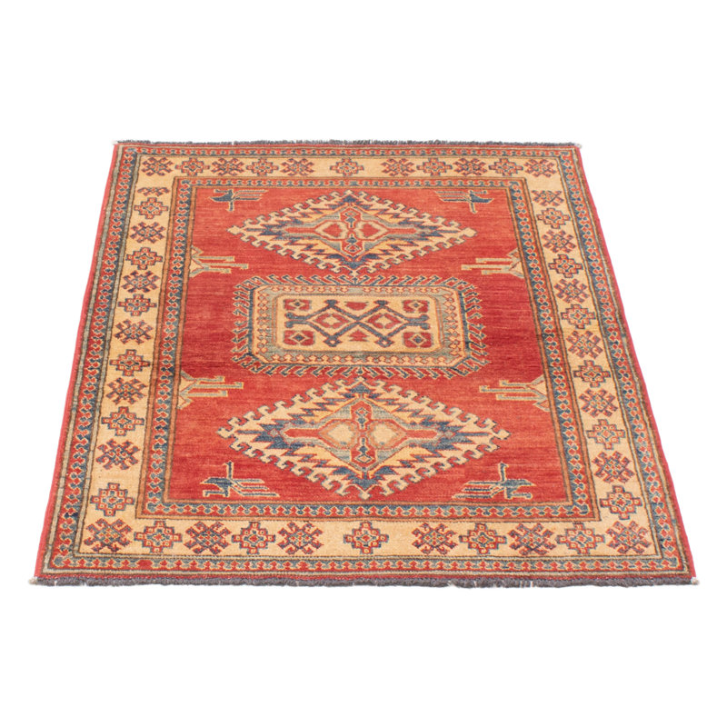 Tapis rouge en laine noué à la main de conception unique 3 pi 7 po x 4 pi 8 po Aimey