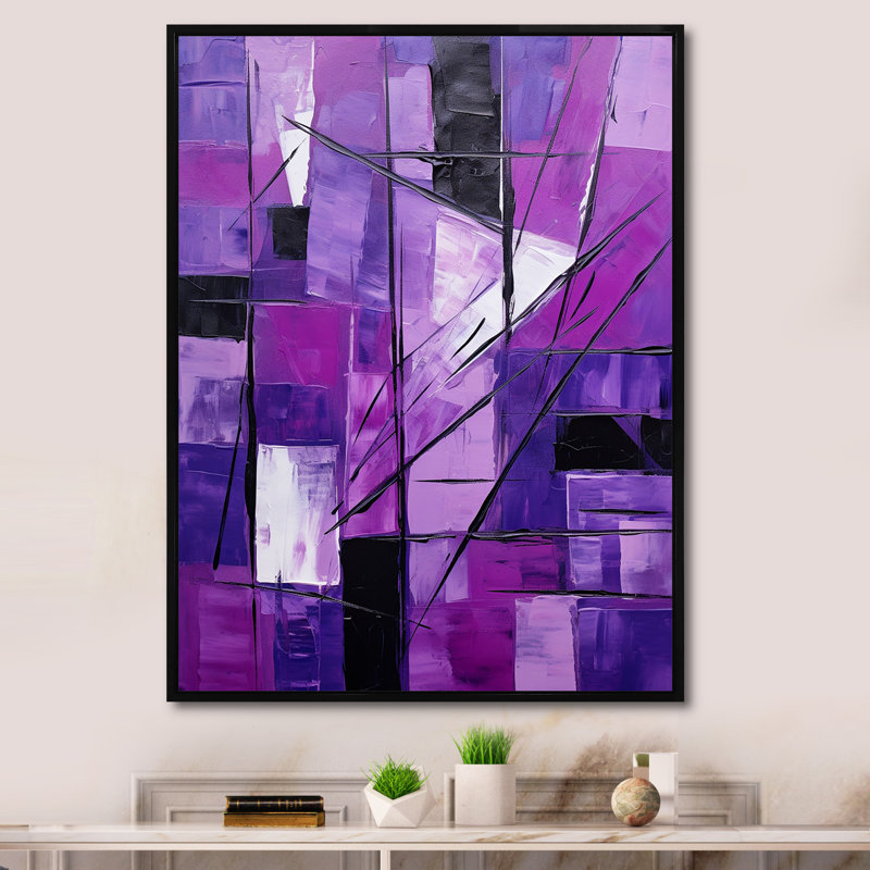 Tachisme mauve cubisme pinceau 1 - art mural Tachisme, Cadre flottant noir, H 32 po x l 16 po