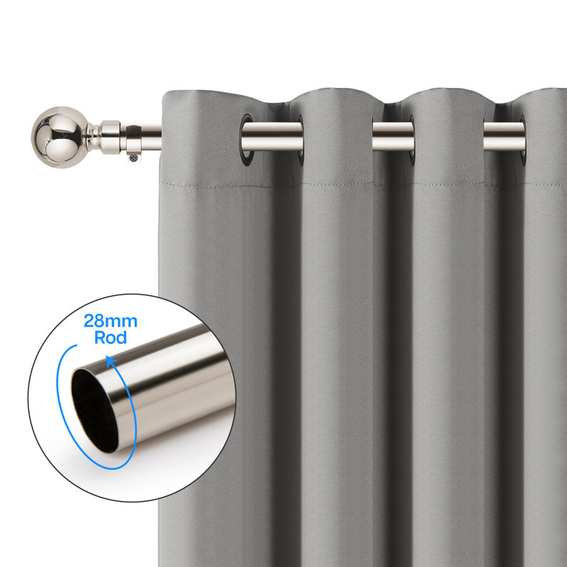 Extendable Plain Metal Curtain Pole And Hardware Set with Finials, 70-120cm Width, Brushed Silver