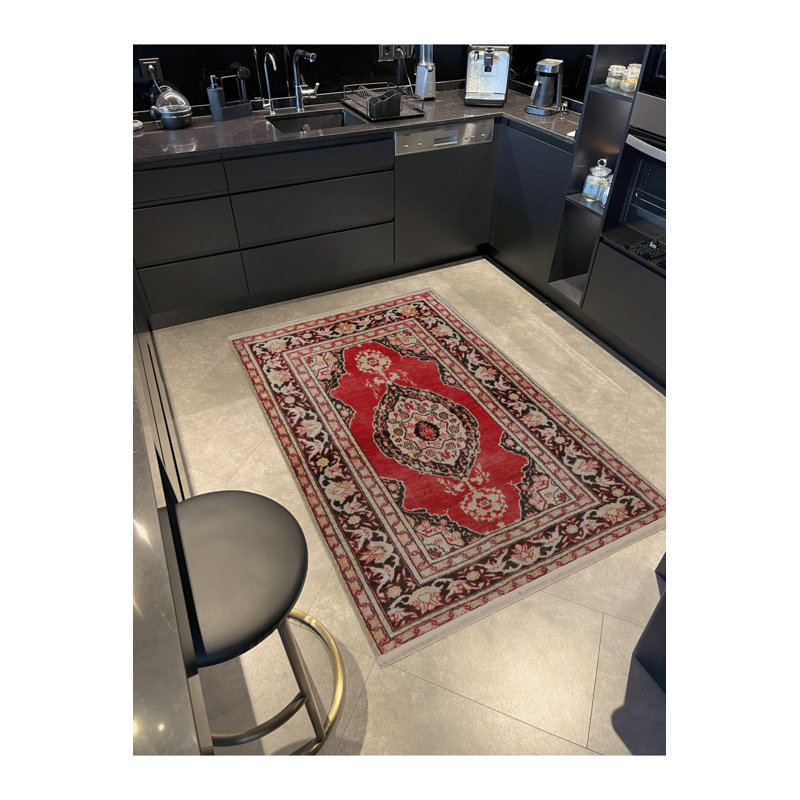 Tapis décoratif beige à motif floral traditionnel lavable à la machine, Rectangle 5 pi 1 po x 7 pi 7 po