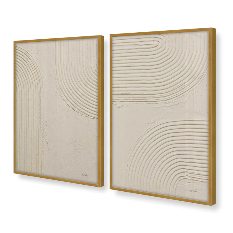«Echoed Curves in Beige», ensemble de 2 impressions, H 15,5 po x l 25 po, Cadre doré poli