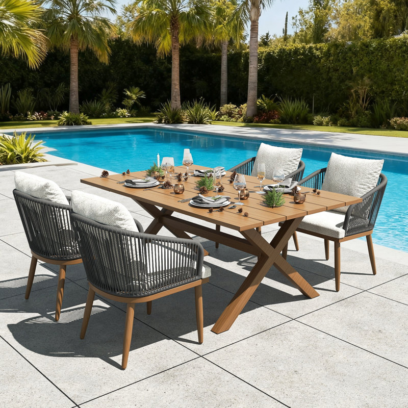 Patio Dining Armchair with Cushion, Beige, 4, Brown Wood