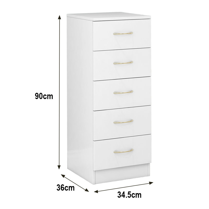 Delonna Narrow Tall Chest of 5 Drawers Bedside Bedroom Hallway Storage Cabinet Furniture, White