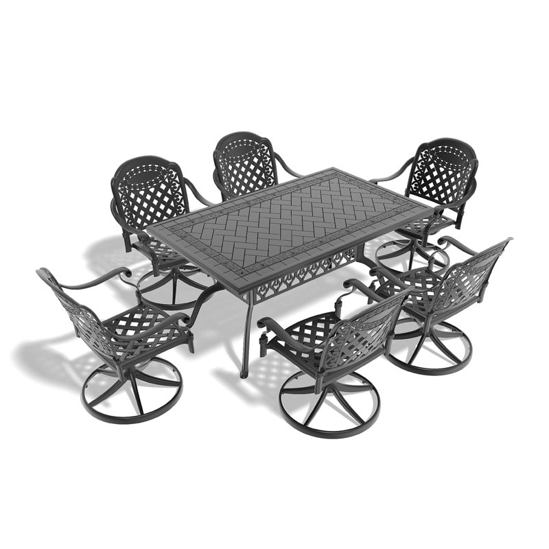 Ensemble de salle à manger 7 pièces en fonte d'aluminium toutes saisons, comprenant 6 chaises pivotantes et une table rectangulaire avec cadre noir
