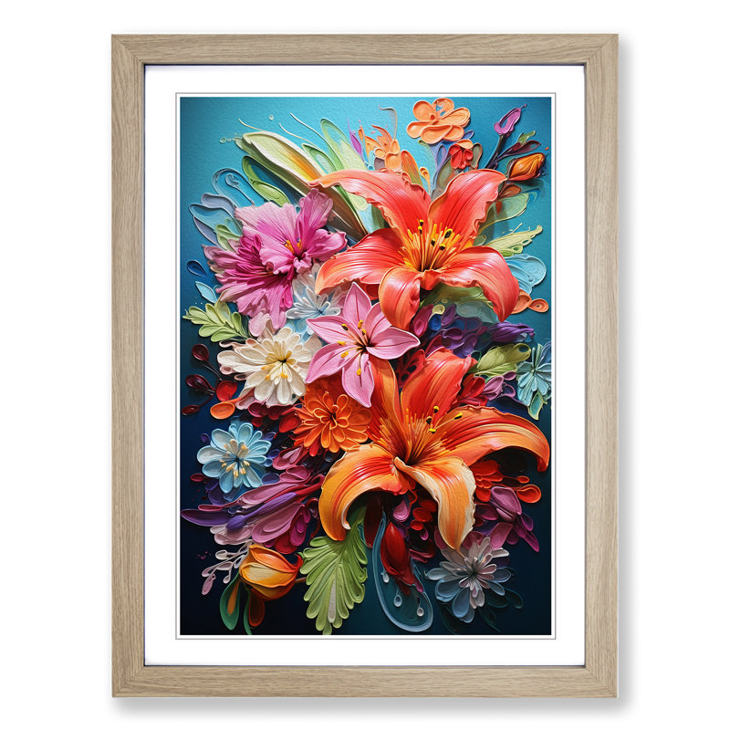 Floral Hard Edge Painting - Framed Print, Oak, 46cm H x 34cm W x 2cm D
