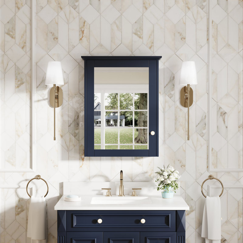 Wall Mounted Surface Mount 24" W x 30" H Mirror Cabinet With Shelves, Navy Blue