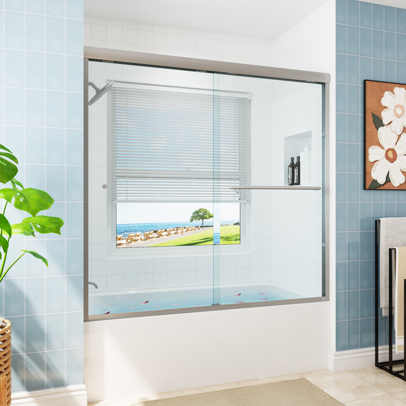 Castalia 55" - 59" W x 56" H Double Sliding Semi-Frameless Tub Door with Clear Glass, Brushed Nickel