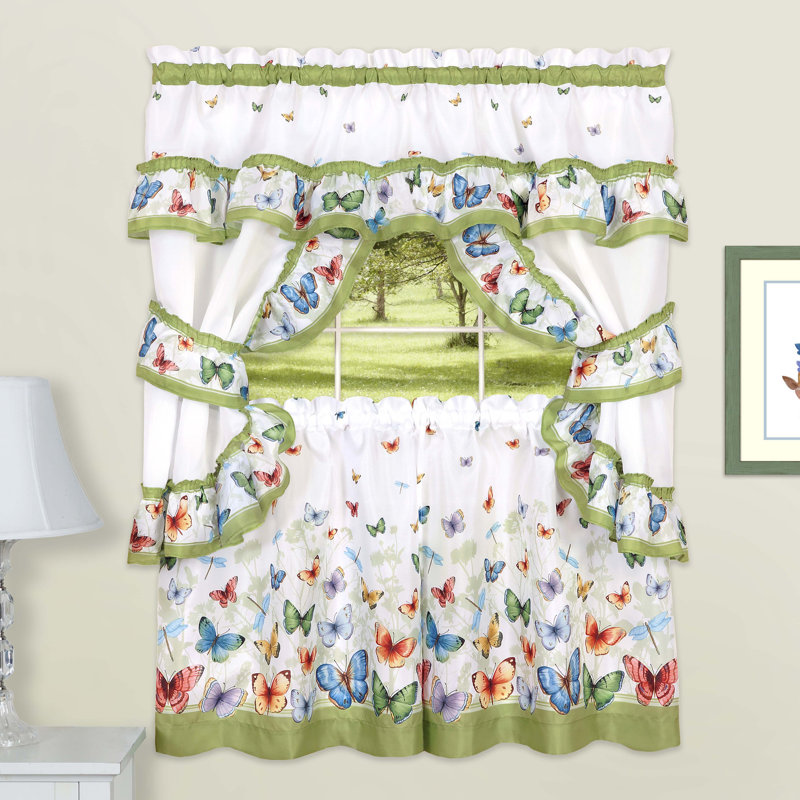 White and Green Butterfly Polyester Kitchen Tier Curtain Set