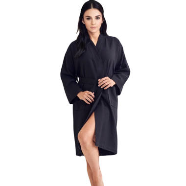 Highams Waffle Dressing Gown with Piping Detail - Black