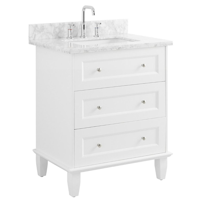 Meuble-lavabo simple autoportant de 30 po avec plateau en marbre de Carrare Shanene, Blanc