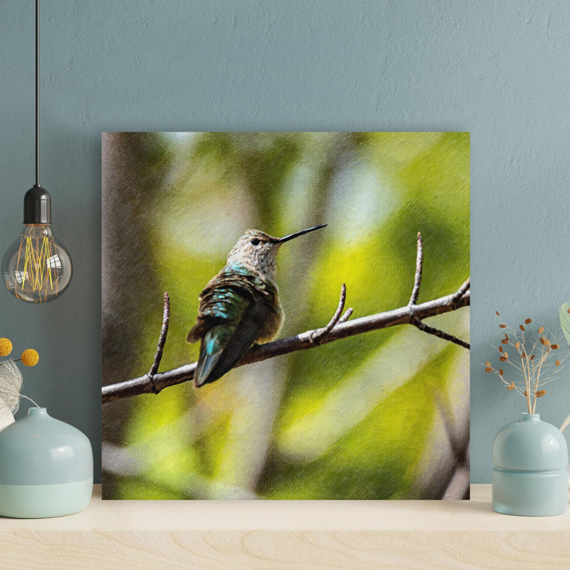 Colibri vert et bleu sur une branche d'arbre brun - impression d'art graphique rectangulaire sur toile tendue