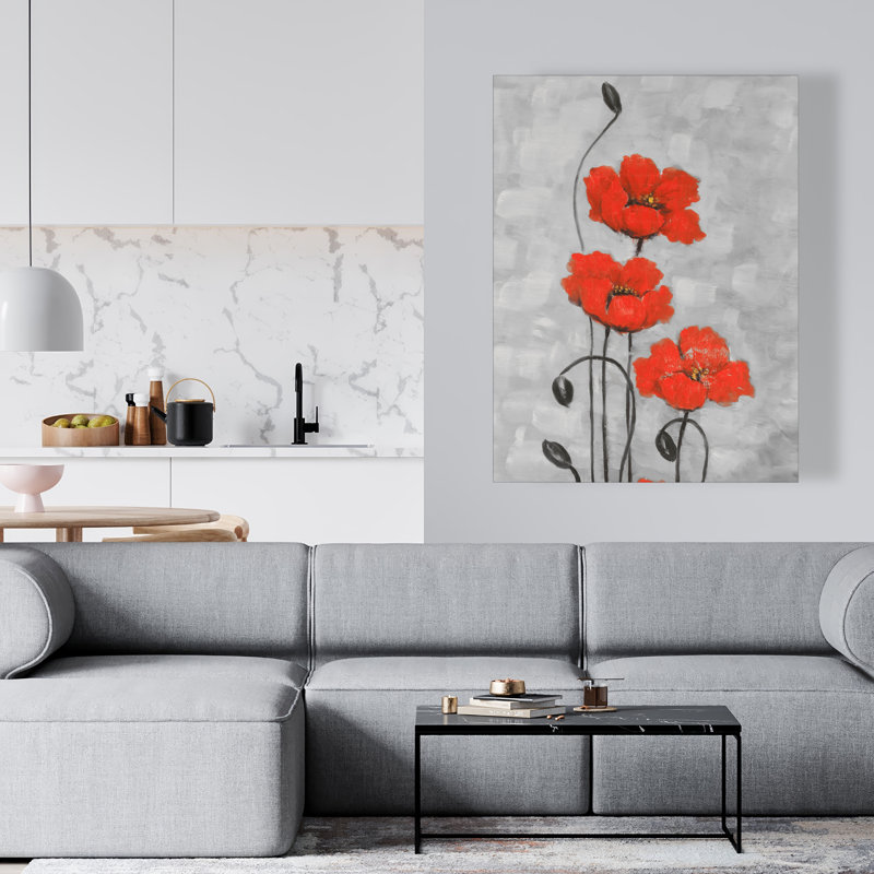 Grandes fleurs rouges - toile grise | Conception vibrante